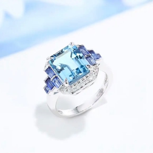 Blue Crystal White Gold Plated Adjustable Ring - Picture 2 of 2